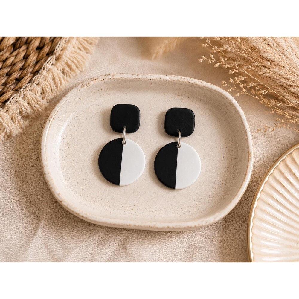 Handmade Black White Geometric Polymer Clay Earrings | Monochrome Dangles